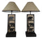 Set of 2 Rustic Western Black Bears In Forest Wood Metal Bedside Table Lamps