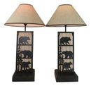 Set of 2 Rustic Western Black Bears In Forest Wood Metal Bedside Table Lamps