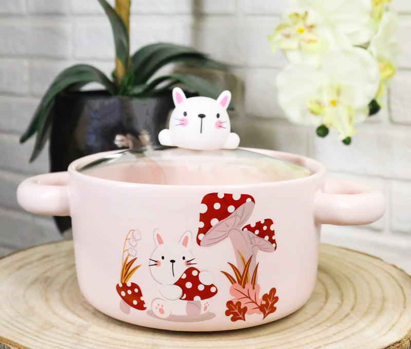 Ceramic Pink Rabbit In Mushroom Forest 30oz Noodle Dessert Bowl W/ Glass Lid