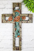 Rustic Western Faux Wooden Turquoise Roses Floral Motif Layered Wall Cross Decor