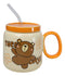 Whimsical Brown Bear Anime 16oz Orange Ceramic Mug Cup With Lid And Glass Straw