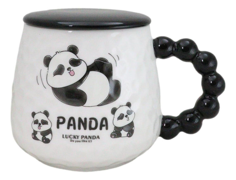 Ceramic Cute Lucky Panda Bear Cartoon With Lid And Panda Head Spoon Mug Cup