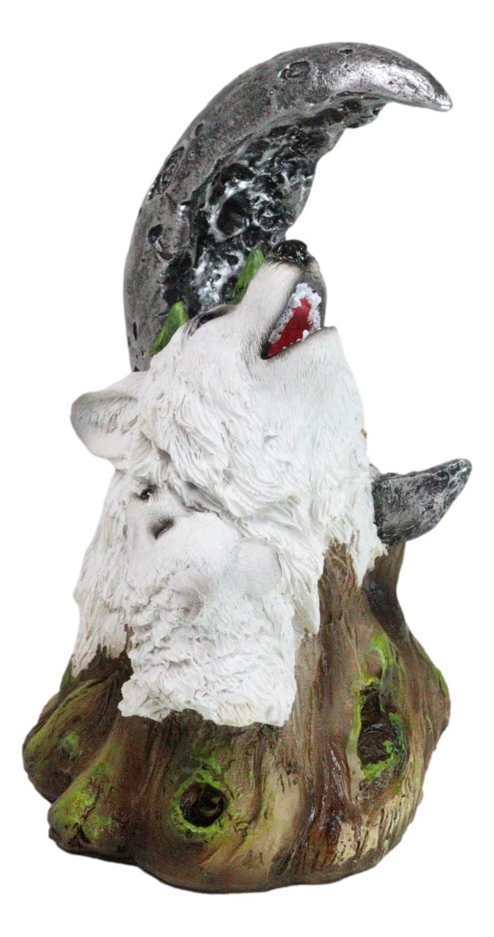 Winter Pine Forest Howling Snow White Wolf Mother And Cub With LED Moon Figurine