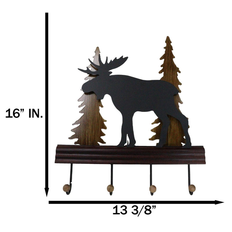 Rustic Western Elk Moose Deer Roaming Pine Forest 4-Peg Wooden Wall Hooks Plaque