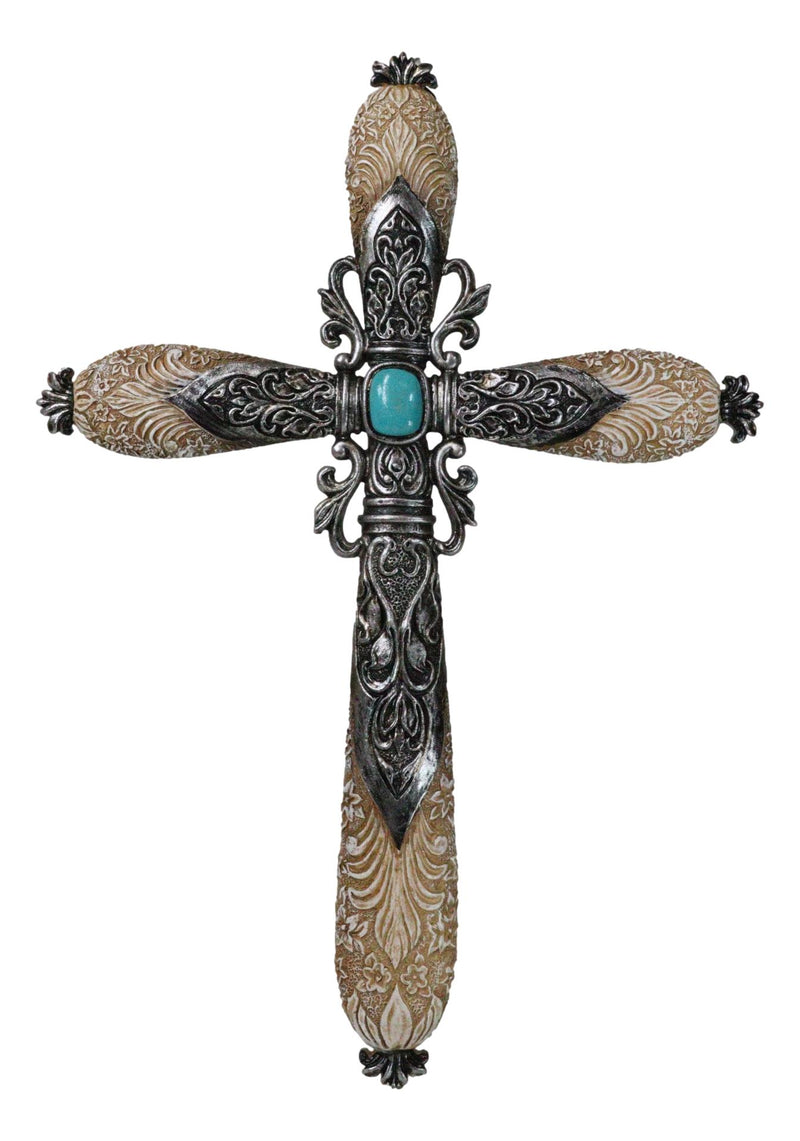 Western Fleur De Lis Floral Tooled Silver Scroll Filigree Turquoise Wall Cross