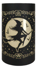 Wicca Witch by Moonlight On Broomstick with Bats LED Etched Glass Lantern Light