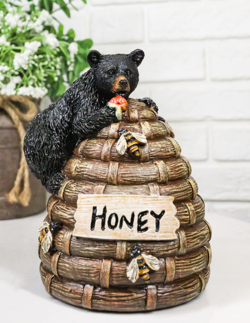 Rustic Forest Black Bear Climbing On Honey Beehive with Bumblebees Figurine