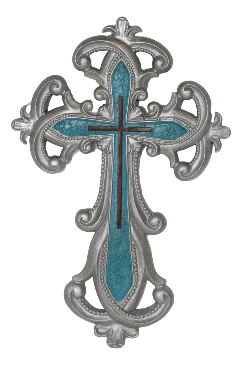 Southwestern Silver Fleur De Lis Scroll Art With Layered Turquoise Wall Cross