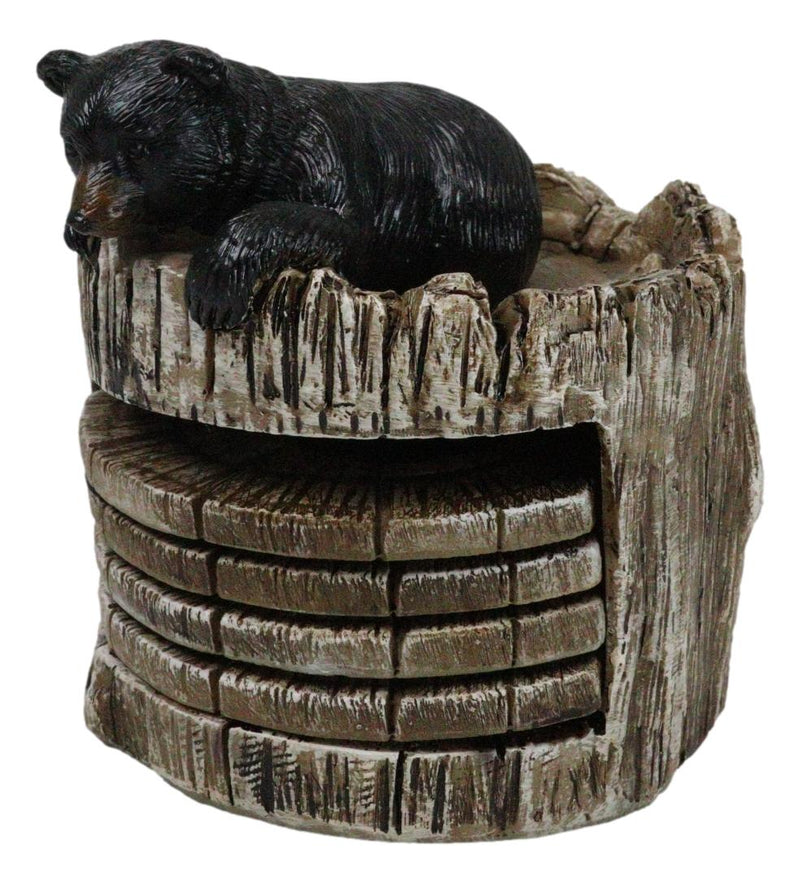 Western Rustic Forest Peeking Black Bear Tree Ring Paw Coasters And Holder Set