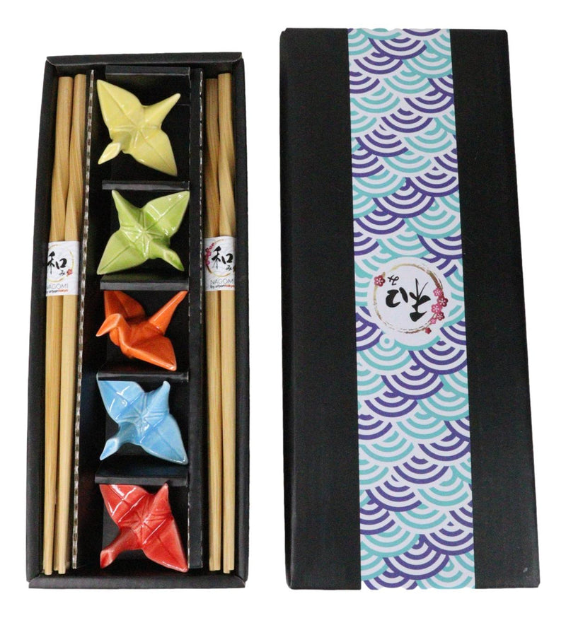 5 Pairs Of Colorful Origami Crane Birds Ceramic Rests With Wooden Chopsticks Set