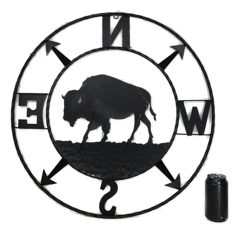 Bison Buffalo with N-S-E-W Compass Cardinal Directions Metal Wall Circle Sign