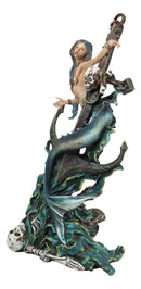 Siren Mermaid Holding Ship Anchor with Skulls On Ocean Waves Home Decor Figurine