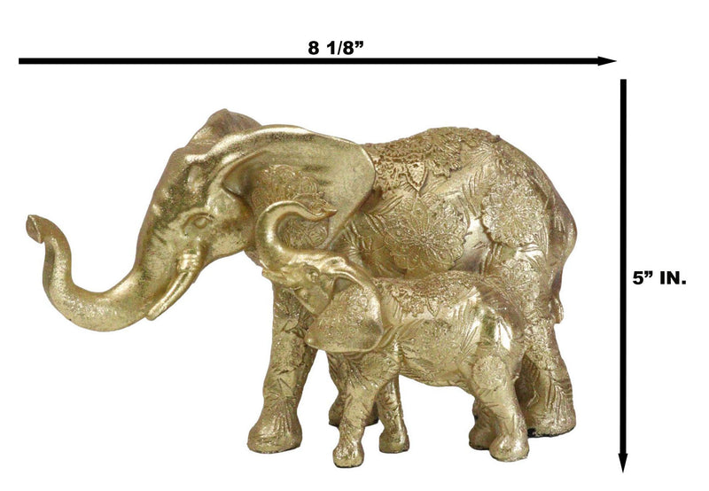 Royal Gold Mandala Ornate Design Elephant and Calf with Trunks Up Figurine