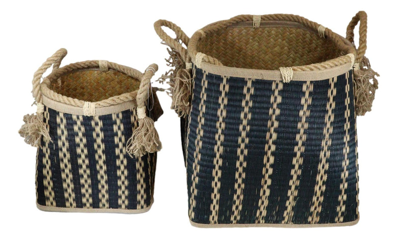 Black And Beige Open Hand Woven Seagrass Wicker Baskets With Handles Set of 2