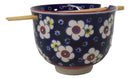 Blue Ume Plum Blossoms Ceramic Donburi Ramen Soup Red Bowl With Chopsticks Set