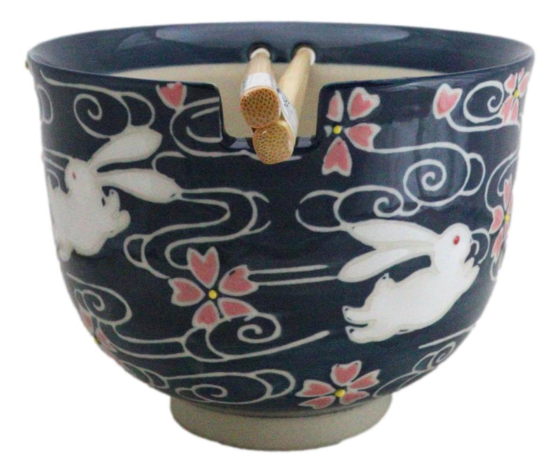 White Rabbit With Sakura Blossoms Ceramic Donburi Ramen Bowl With Chopsticks Set