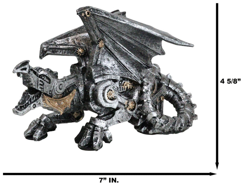 Roaring Steampunk Silver Robotic Cyborg Winged Geared Clockwork Dragon Figurine