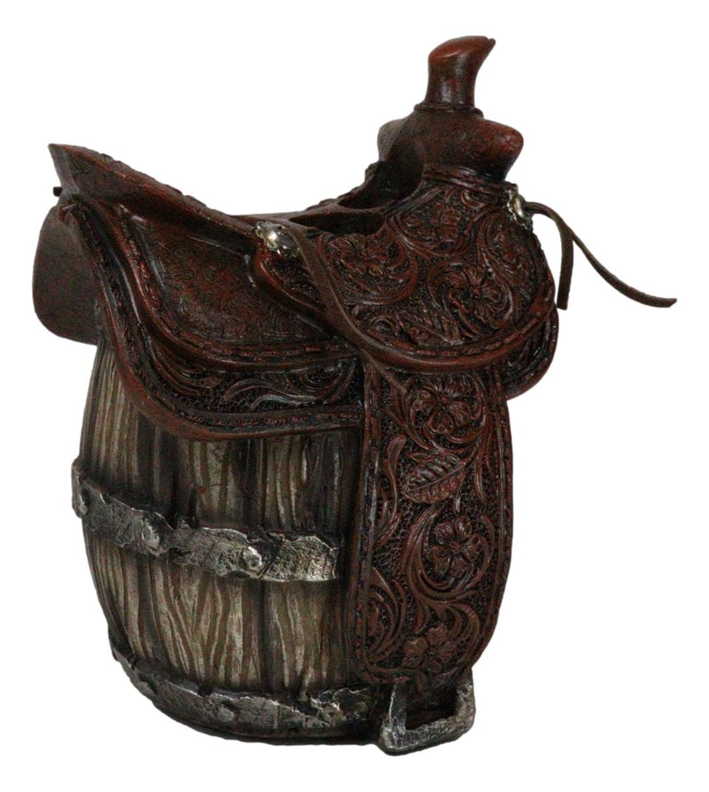 Rustic Western Faux Leather Cowboy Horse Saddle On Barrel Toothbrush Holder