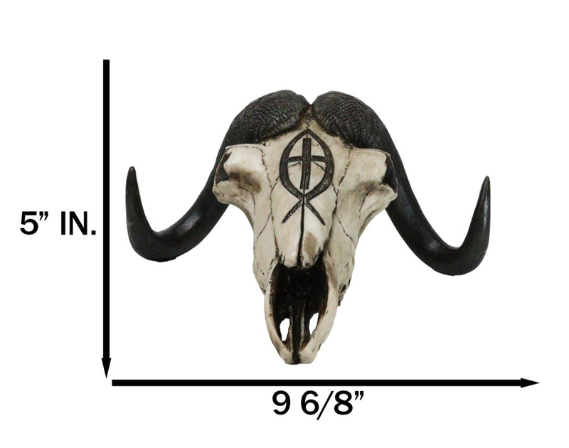 Rustic Western Musk Ox Cattle Bull Skull With Christian Ichthys Symbol Figurine