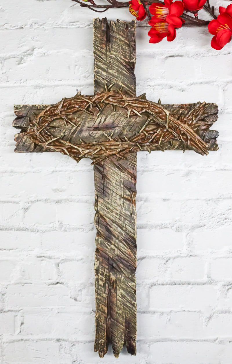 Rustic Western Faux Distressed Wood Crown Of Thorns Ichthys Fish Wall Cross