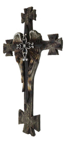 Black Biker Iron Cross With Angel Wings Layered Faux Wooden Wall Cross Plaque