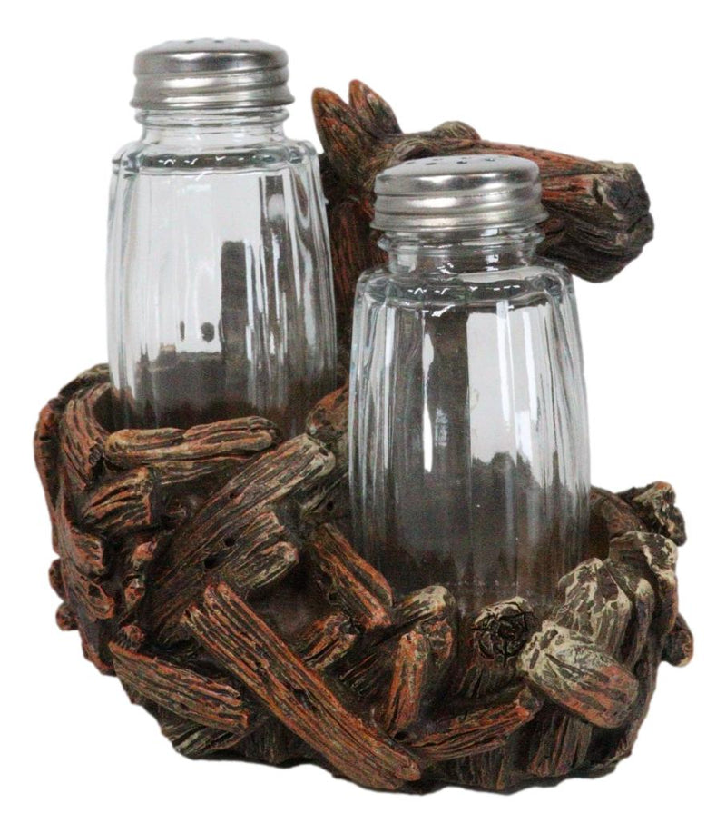 Western Wild And Free Faux Wood Tree Logs Horse Bust Salt Pepper Shakers Holder