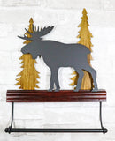 Rustic Western Elk Moose Deer by Pine Forest Wooden Wall Hand Towel Holder Bar