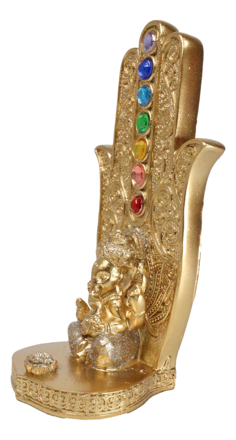 Rainbow Chakra Stones Golden Hamsa Palm With Elephant God Ganesha Incense Holder