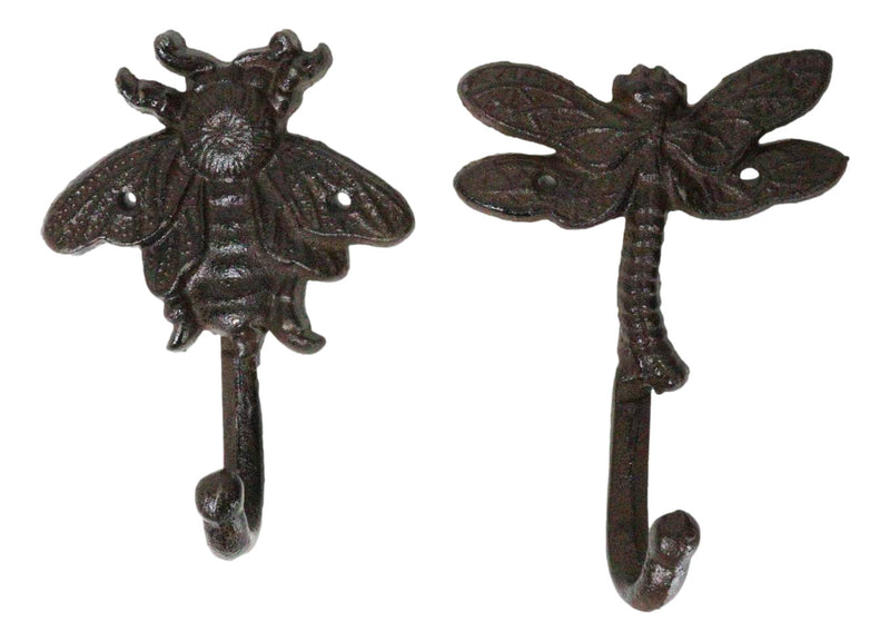 Cast Iron Rustic Bee Ladybug Butterfly and Dragonfly Bugs Wall Hooks Set Of 4