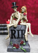 Gothic Skeleton Bridal Couple Sitting On Grave Tombstone With Red Roses Figurine