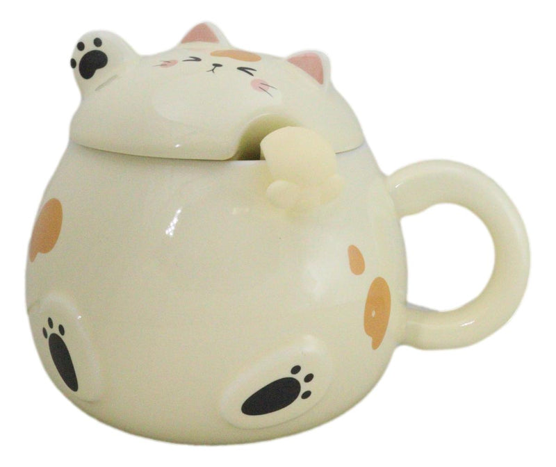 Whimsical Yellow Chubby Feline Kitty Cat Cup Mug With Lid And Stirring Spoon