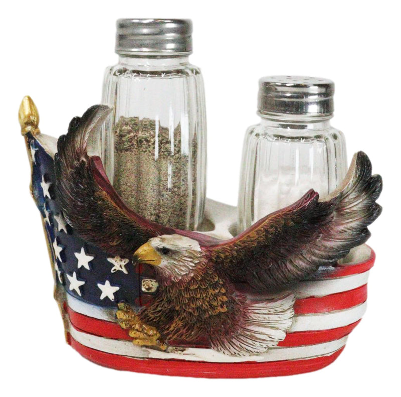 Patriotic Star Spangled Banner US Flag Bald Eagle Salt And Pepper Shakers Holder