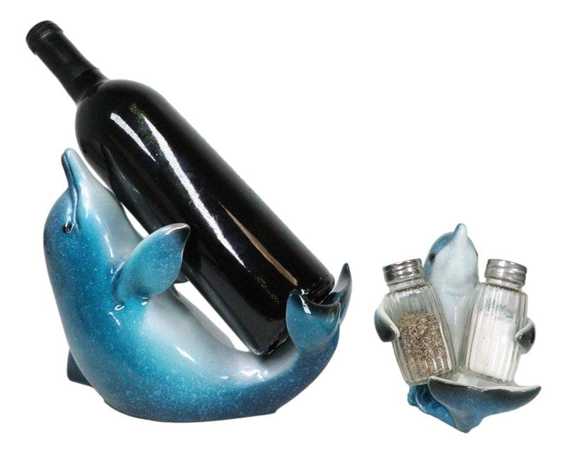 Set Of 2 Ocean Marine Dolphin Fish Wine Bottle And Salt Pepper Shakers Holders