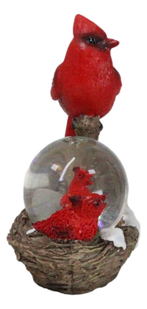 Red Cardinal Bird On Tree Branch Nest With Chicks Water Globe Mini Figurine