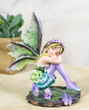 Summer Night Dream Green Girl Fairy Garden with Lavender Mushrooms Figurine