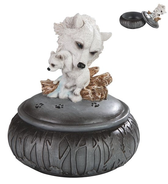 Albino Snow White Wolf Carrying Cub In Mouth Round Decorative Jewelry Box