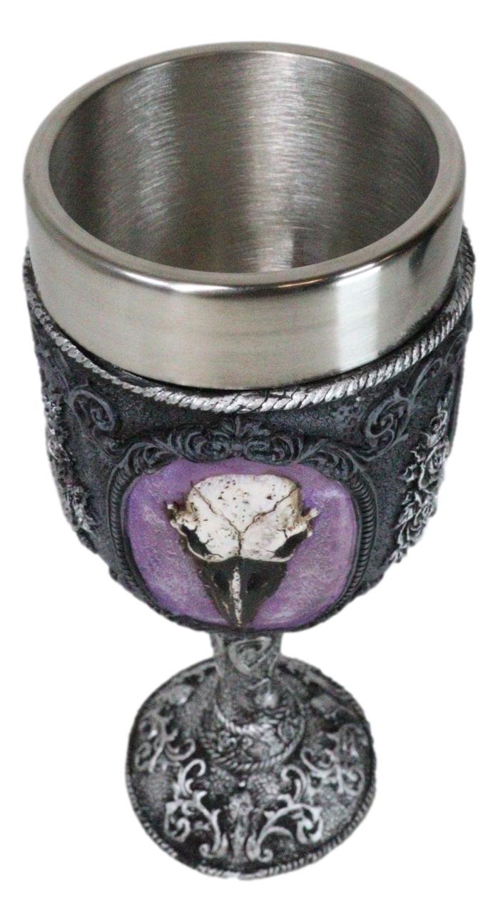 Gothic Cameo Raven Crow Skull Tribal Knotwork With Blooming Roses Wine Goblet