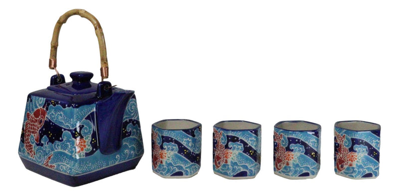 Auspicious Red Koi Fishes In Blue Waters Hexagonal Teapot With 4 Tea Cups Set