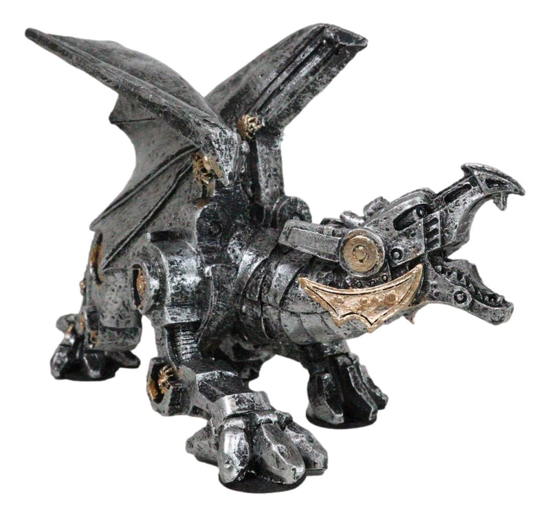 Roaring Steampunk Silver Robotic Cyborg Winged Geared Clockwork Dragon Figurine