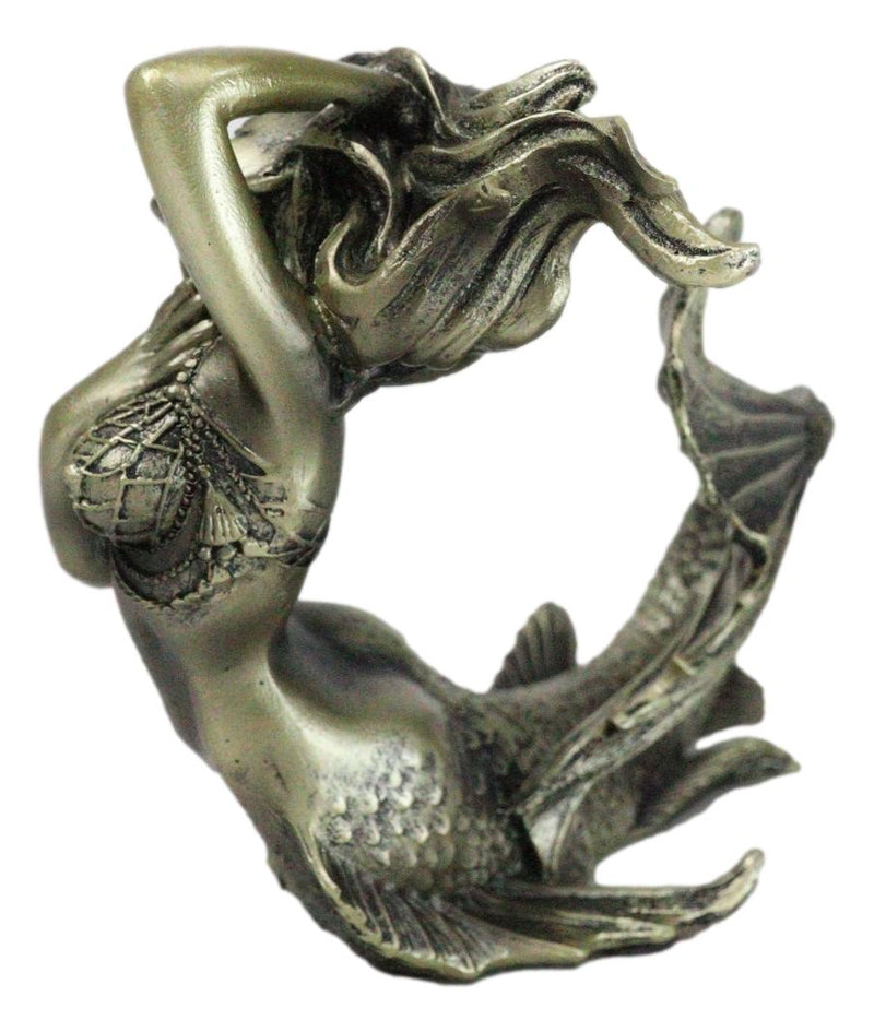 Nautical Aged Bronze Resin Seductive Mermaid Siren With Fishnets Figurine 7"L