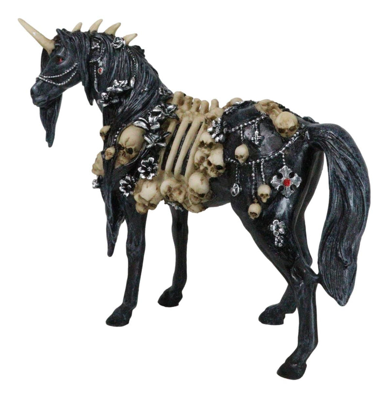 Gothic Macabre Black Dark Unicorn Horse With Skeleton Bones And Skulls Figurine