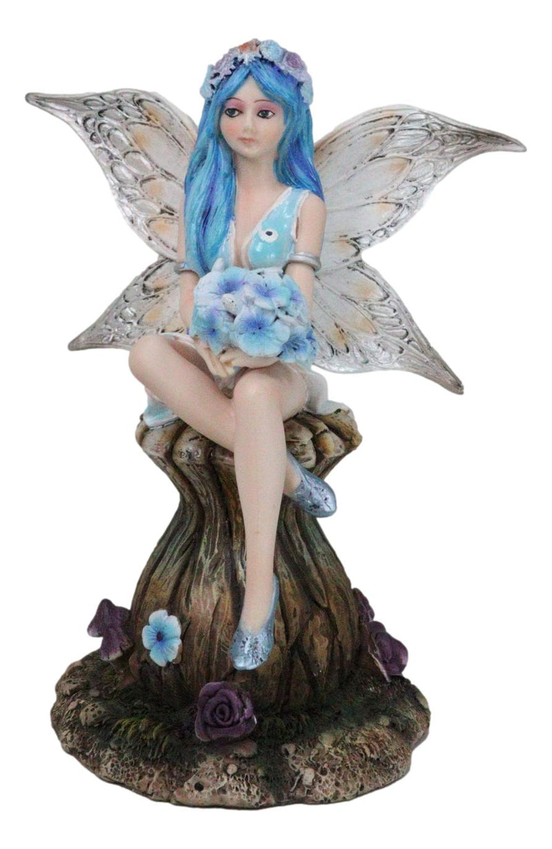 Blue Pansy Flower Fairy With Butterfly Wings Sitting On Mushroom Figurine 7"H