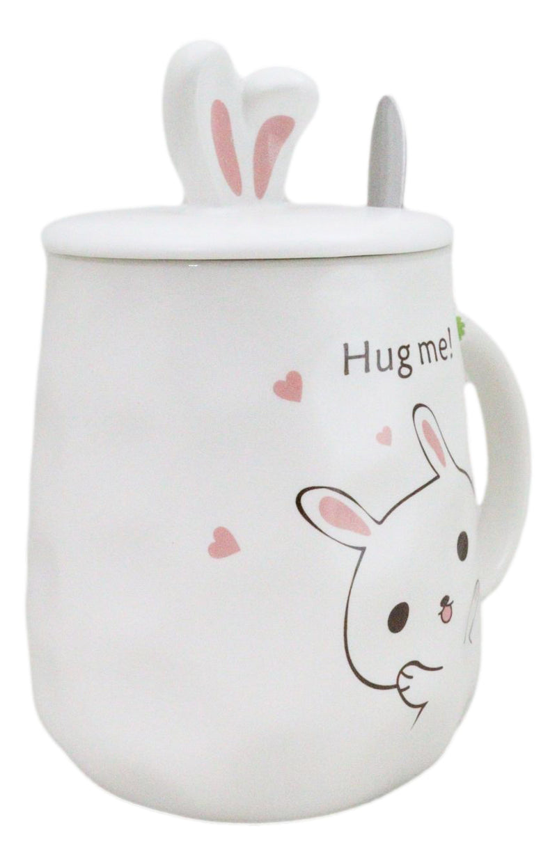 White Bunny Rabbit Hug Me Ceramic Mug With Bunny Ears Lid And Stirring Spoon