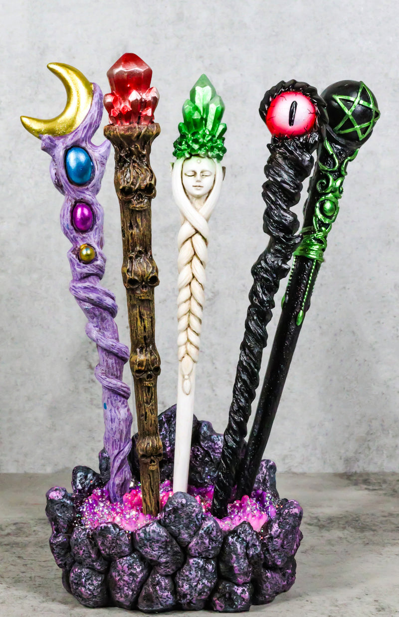 5 Assorted Wizard Magic Wands With Faux Geode Crystals Rock Holder Stand Set