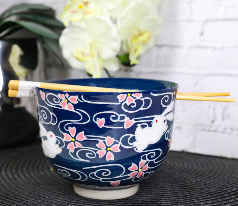 White Rabbit With Sakura Blossoms Ceramic Donburi Ramen Bowl With Chopsticks Set