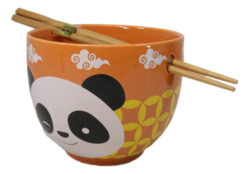 Orange Lucky Panda Bear Ceramic Donburi Ramen Soup Bowl With Chopsticks Set