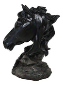 Wild and Free Black Stallion Equine Horse Bust On Rocky Pillar Base Figurine