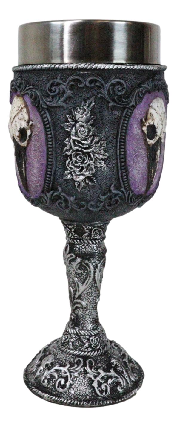 Gothic Cameo Raven Crow Skull Tribal Knotwork With Blooming Roses Wine Goblet