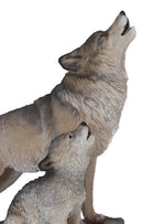Large Full Moon Howling Spirit Wolf Alpha With Puppy On Rock Ledge Statue 15.5"H