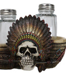 Native American Indian Chieftain Skull With Headdress Salt Pepper Shakers Set